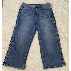 Judy Blue Jeans Womens 15/32 Blue Wide Leg High Rise Braid Detail Crop Whiskered